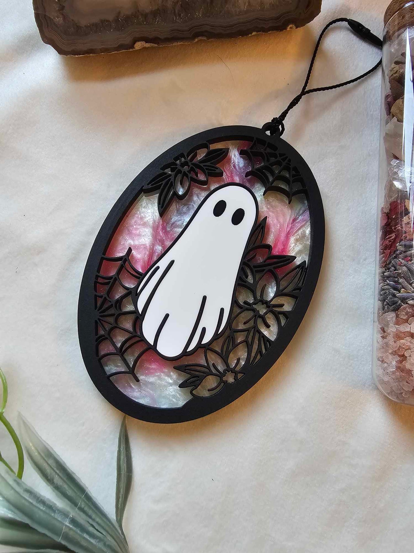 Floral Ghost Ornament Pink Blue Swirl