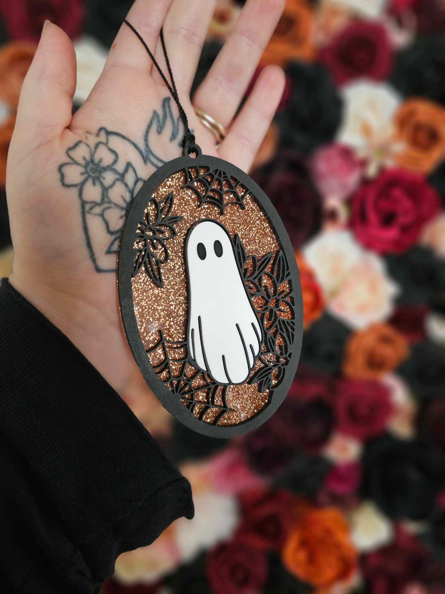 Floral Ghost Ornament Gold Glitter