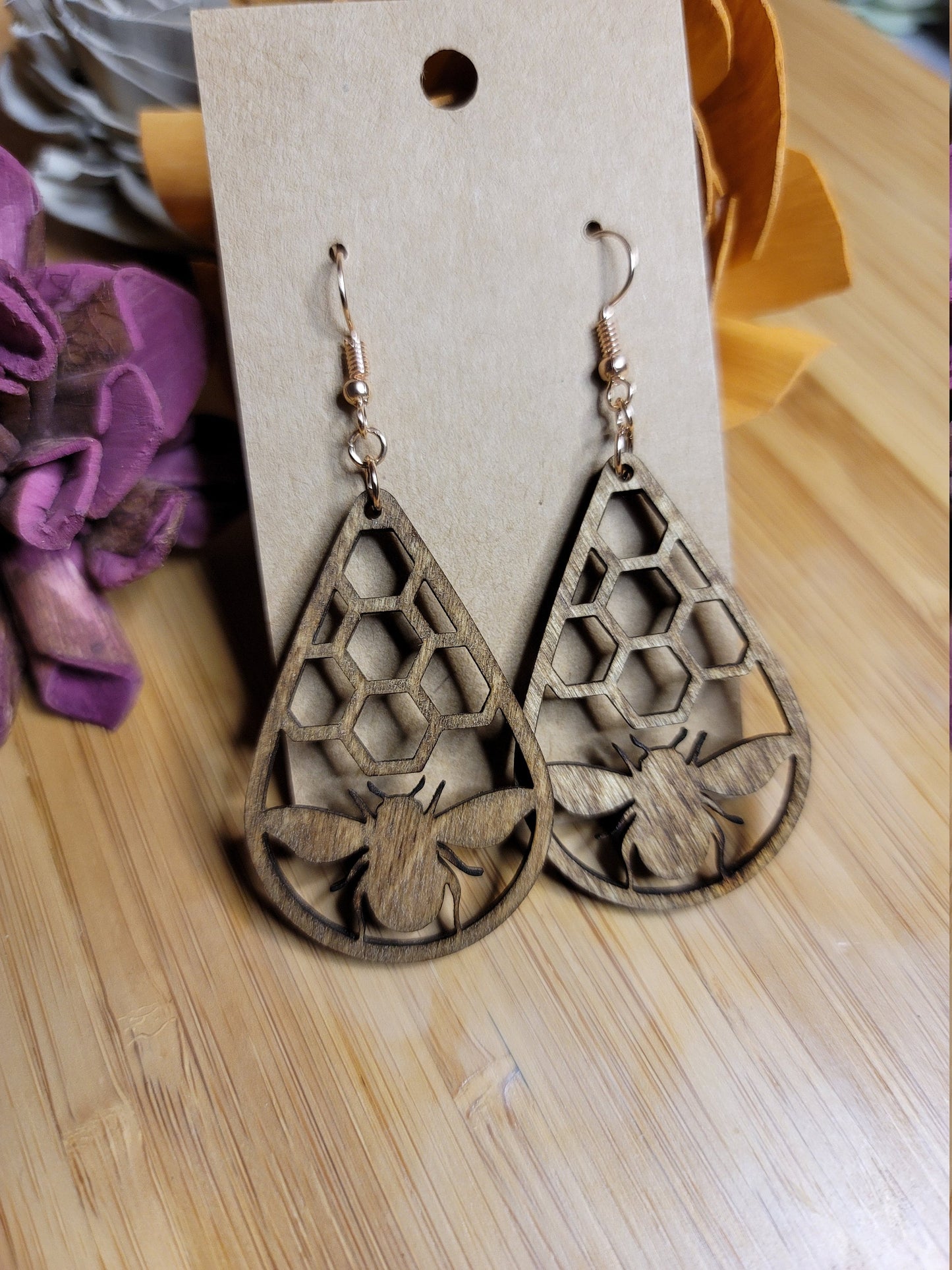 Wooden Bee Honeycomb Teardrops