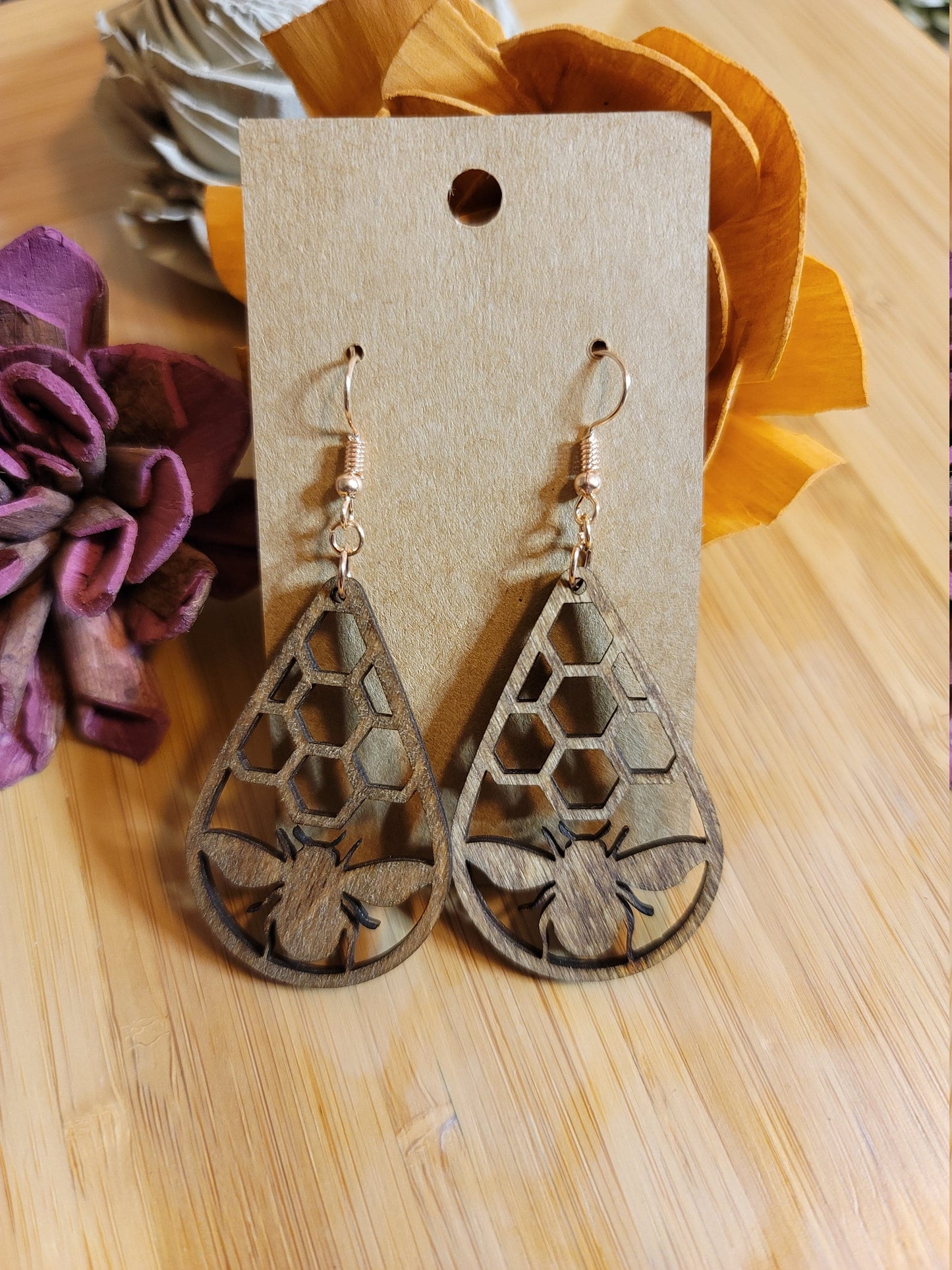 Wooden Bee Honeycomb Teardrops