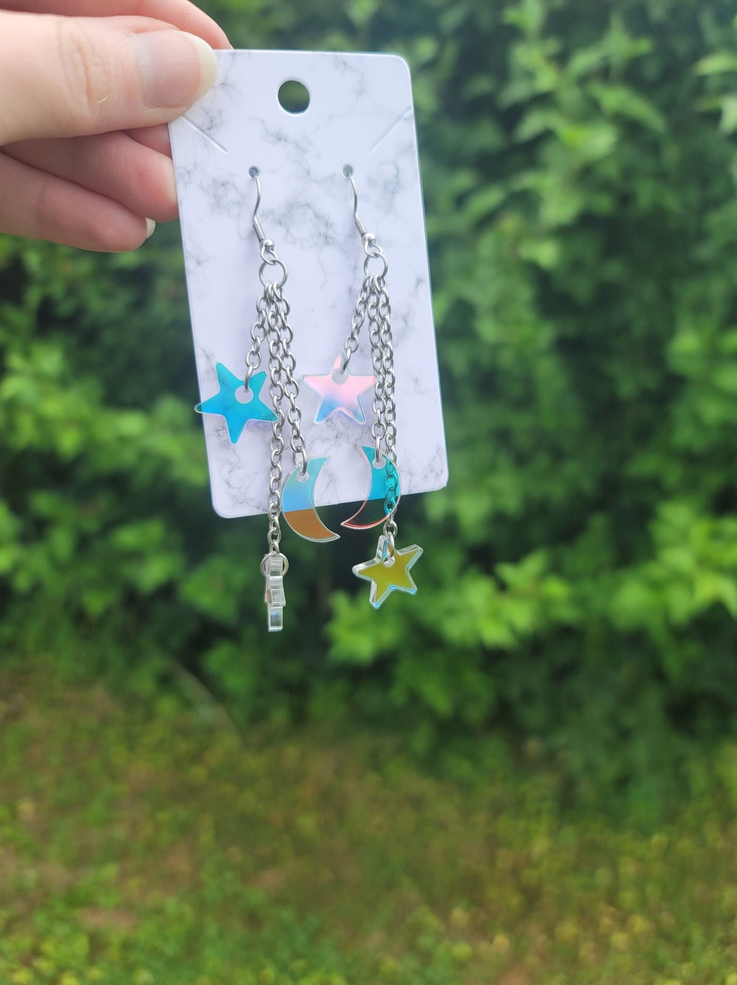 Iridescent Moon and Stars Chain Dangles