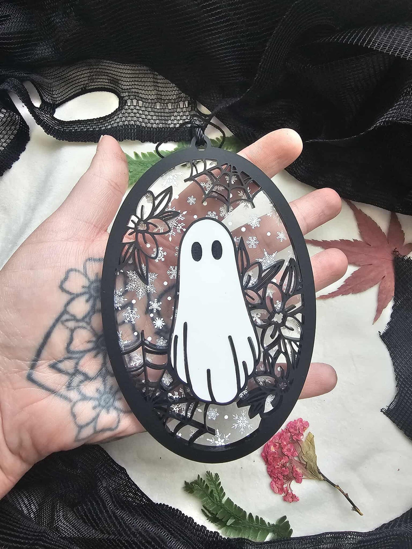 Floral Ghost Ornament - Clear with Snow
