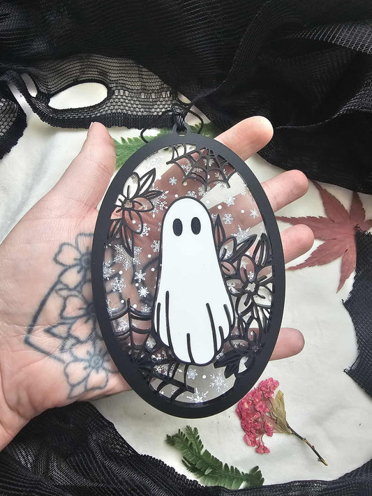 Floral Ghost Ornament - Clear with Snow
