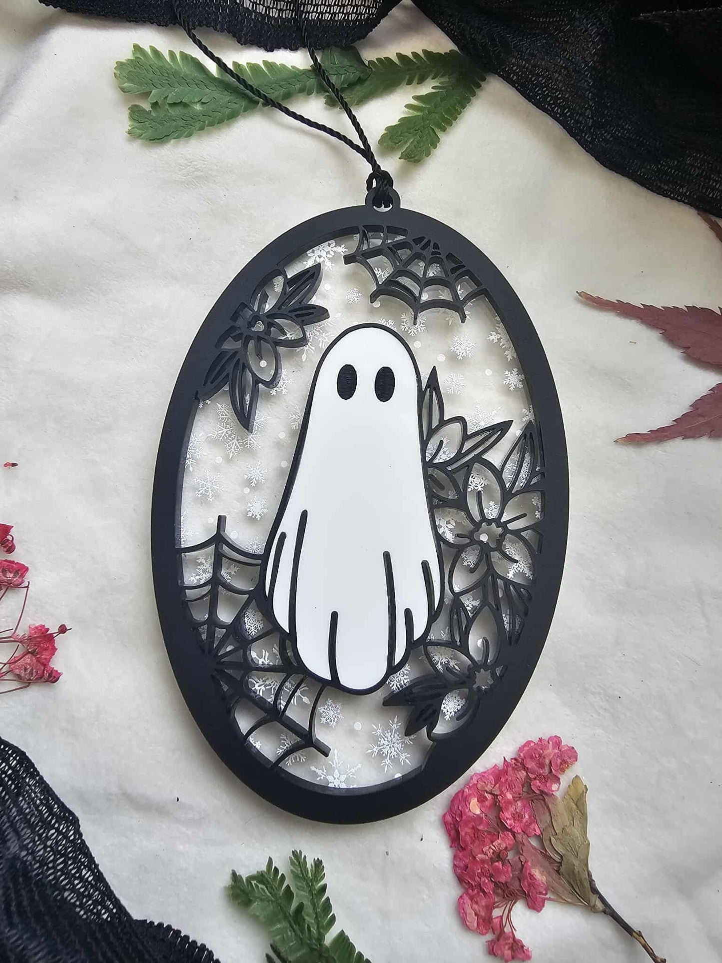 Floral Ghost Ornament - Clear with Snow