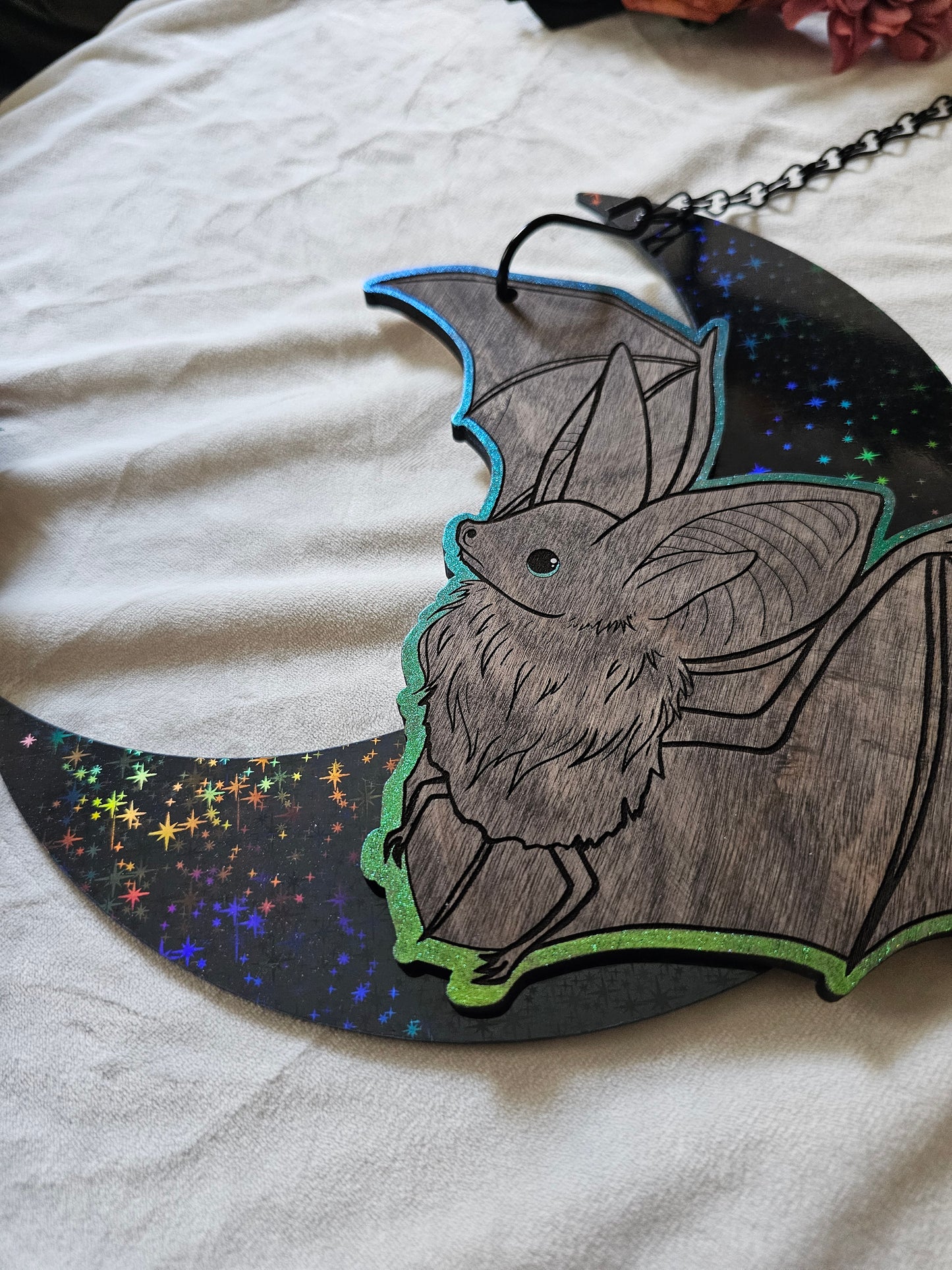Large Moon Bat - Green/Blue Chrome on Dark Stars
