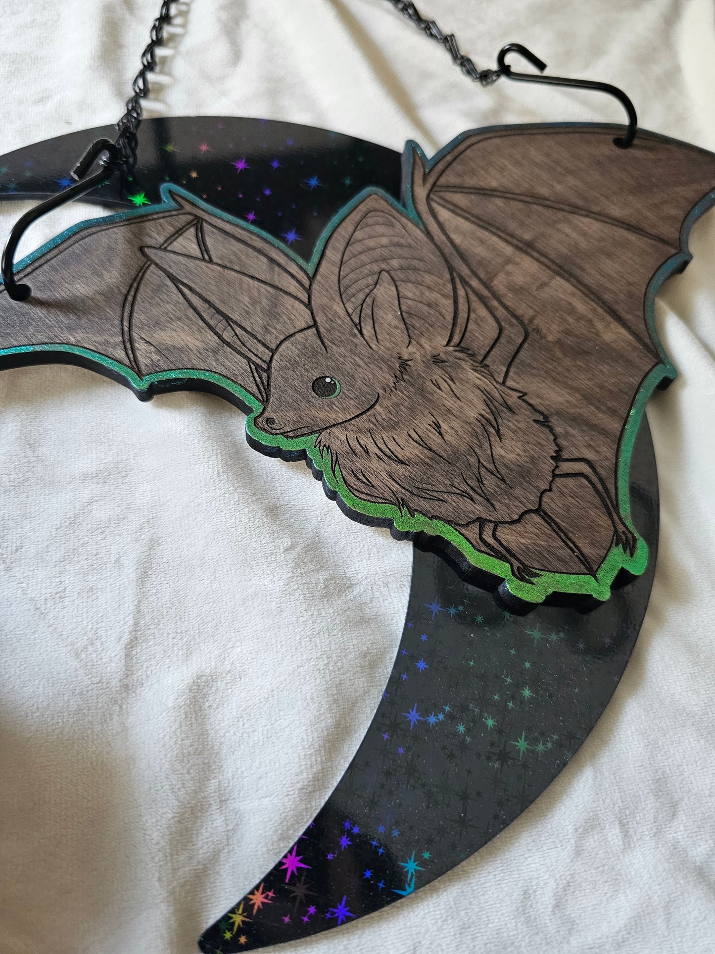 Large Moon Bat - Green/Blue Chrome on Dark Stars