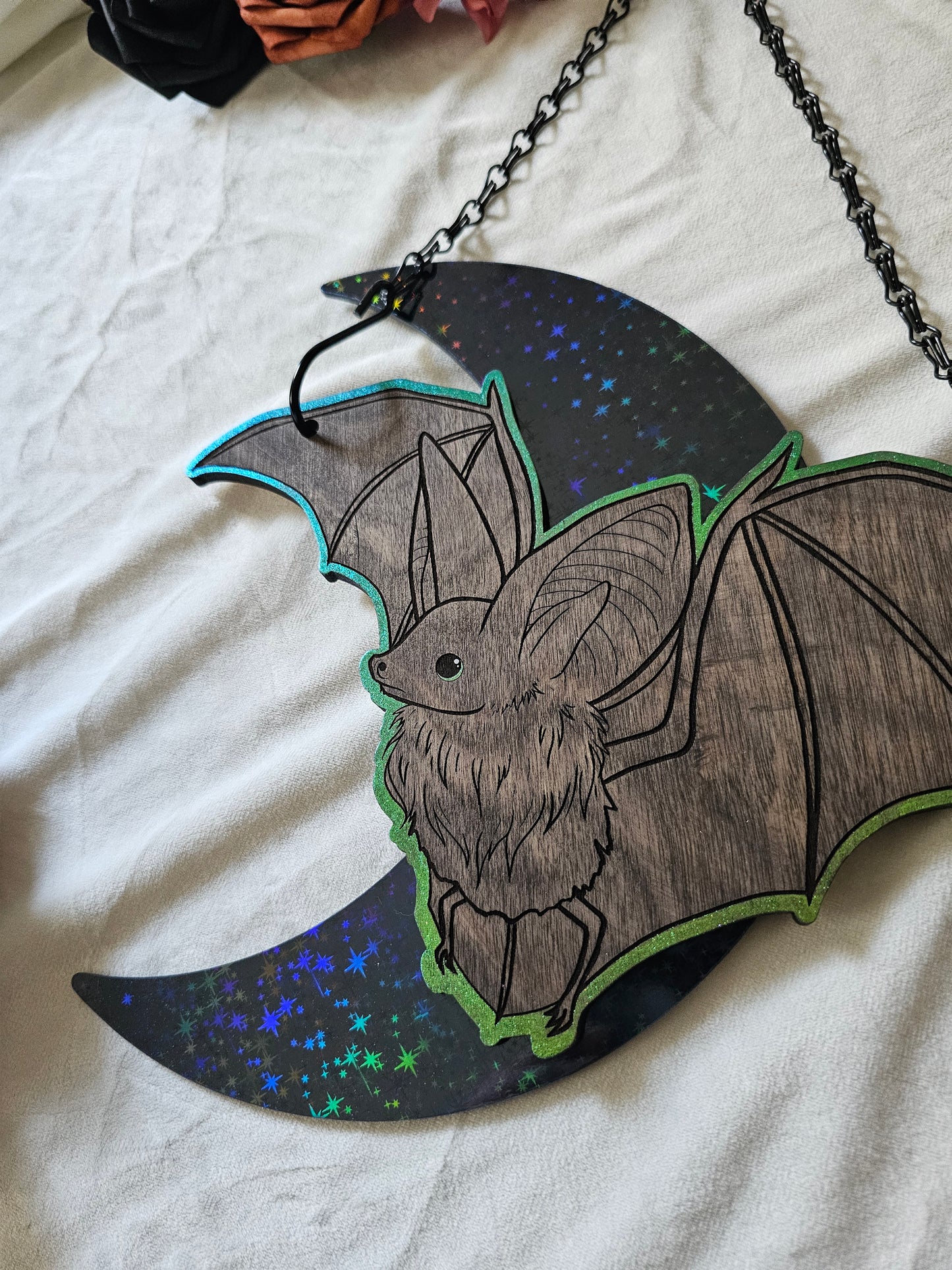 Large Moon Bat - Green/Blue Chrome on Dark Stars